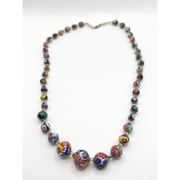 Vtg Millefiori Venetian Italian Glass Necklace Multicolor Graduated Beads 24” - Picture 1 of 6